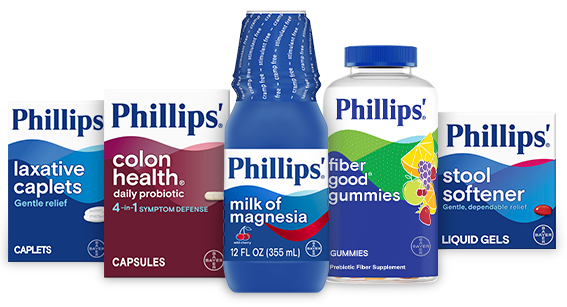 Five different Phillips'® digestive health products are shown side by side. 
