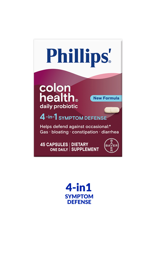 Package of Phillips' Colon Health with 4-in-1 symptom defense badge underneath